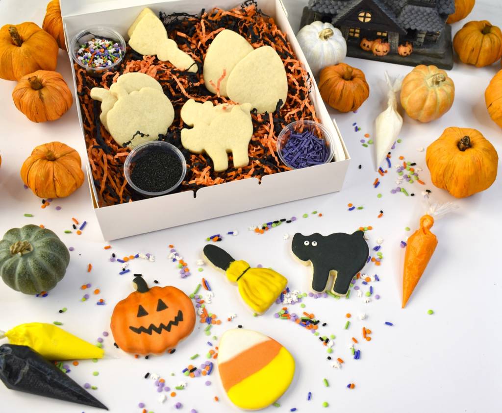 Halloween sugar cookie decorating kit with themed shapes and colorful icing